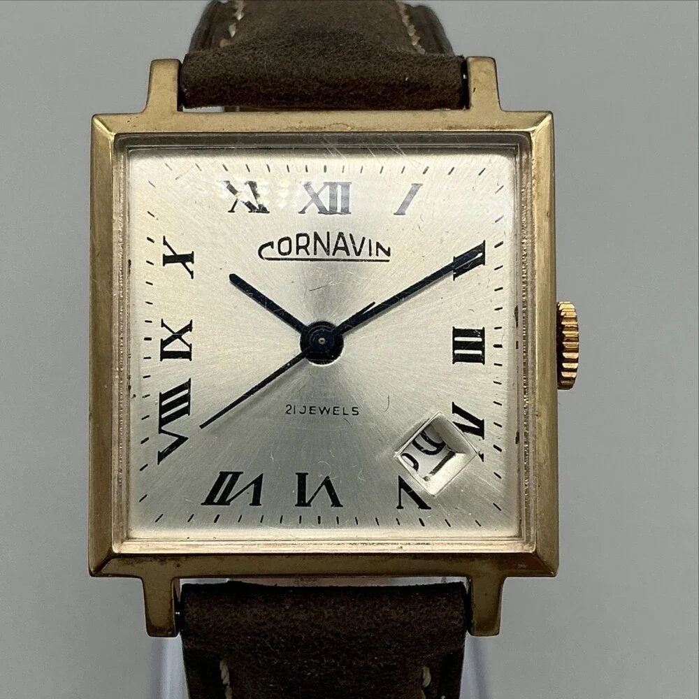 Vintage Cornavin Mens Watch 29mm Square Brown Leather Manual Wind Date
